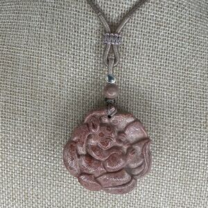 Pink Coral Fossil Sleeping Nine Tail Fox Pendant Necklace; Adjustable Rope